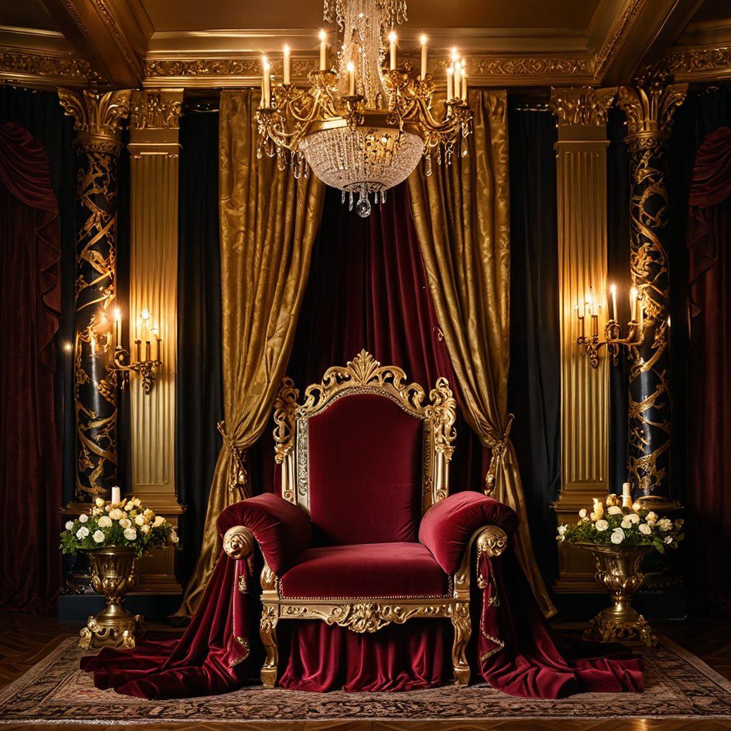 An opulent throne room filled with velvet drapes and golden accents, featuring a regal figure seated on a majestic throne, surrounded by intertwining representations of passion and artistry in erotic material. Soft candlelight flickers, casting seductive shadows, while elegant sculptures of lovers embrace in the background. The atmosphere is charged with a sense of intrigue and authority. opulent style. warm tones. dramatic lighting.