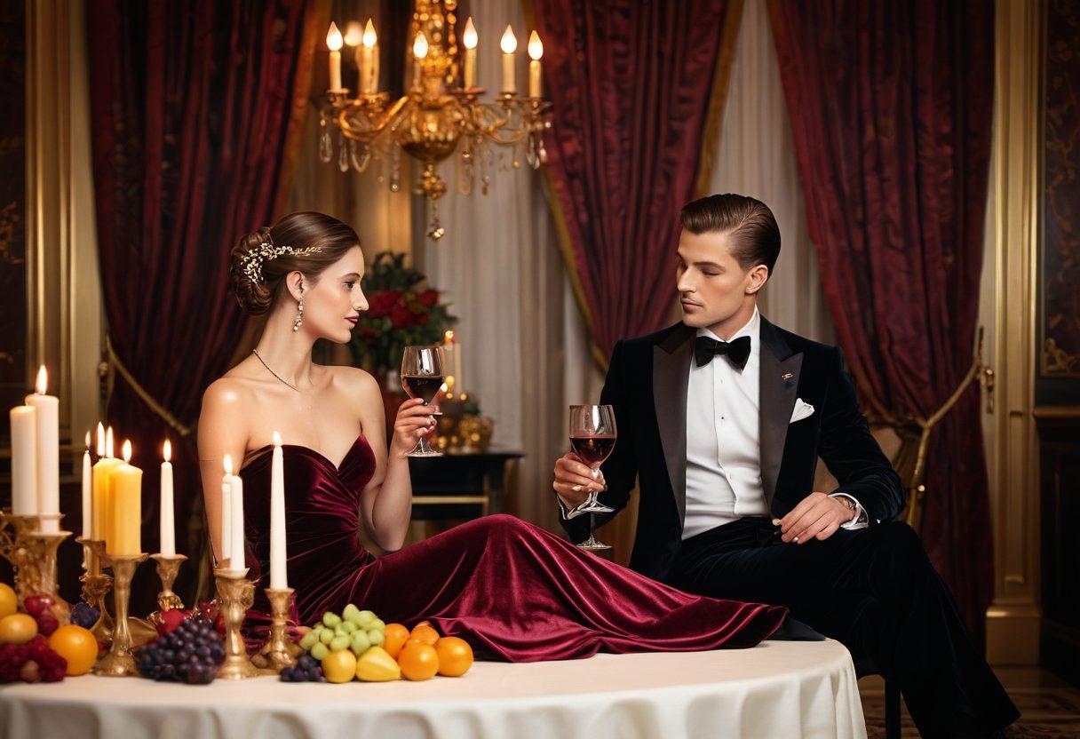 A luxurious candle-lit room adorned with rich velvet curtains and opulent decor, featuring a graceful couple engaged in intimate conversation, their expressions conveying allure and connection. Soft shadows cast by flickering candles create a warm atmosphere, while elegant wine glasses and a lavish buffet of fruits and desserts are subtly displayed in the background. The color palette should include deep reds and golds to evoke a sense of romance and seduction. super-realistic. vibrant colors.