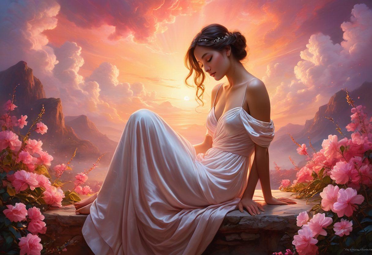 An artistic scene depicting the transformation of fantasy into reality, featuring a seductive figure in a dreamy landscape. The figure is surrounded by ethereal, swirling lights symbolizing desire and allure, with elements like swirling clouds and delicate blooms. Incorporate a sense of intimacy and allure, with soft lighting and warm colors that evoke passion and intrigue. Capture the essence of fantasy merging with the real world, inviting the viewer into a world of seduction and desire. painting. vibrant colors. soft focus.